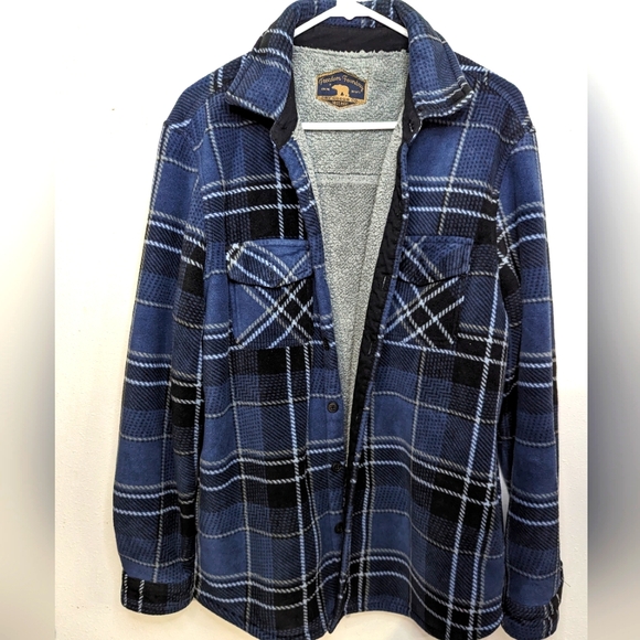 FREEDOM FOUNDRY Sherpa Fleece Lined Flannel Jacket Mens L Blue Plaid Button Up - Picture 1 of 6